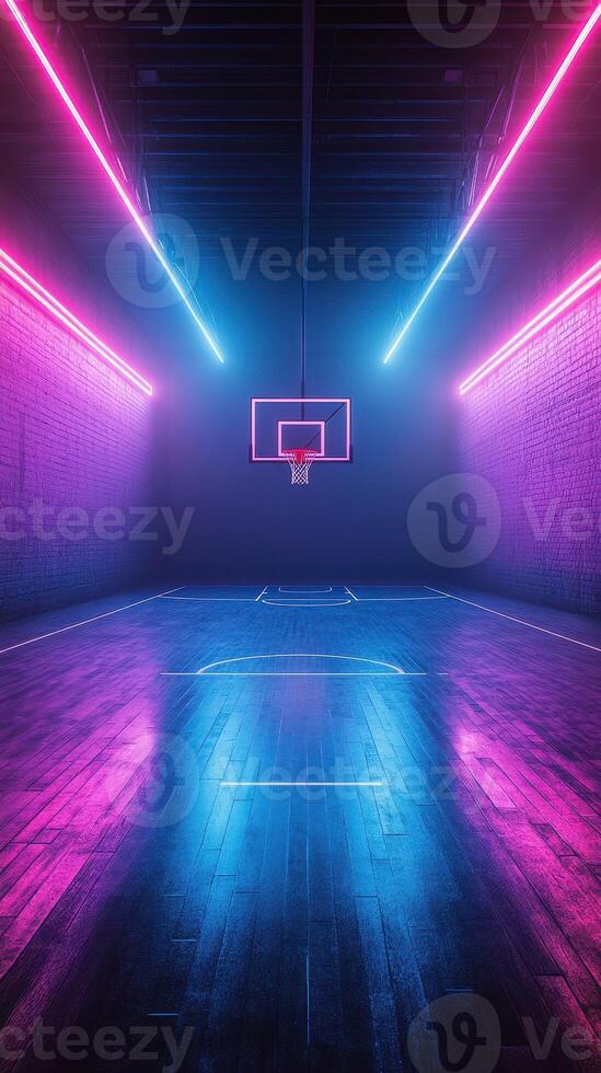 Vibrant neon-lit basketball court creates an electrifying atmosphere for night games and training sessions photo