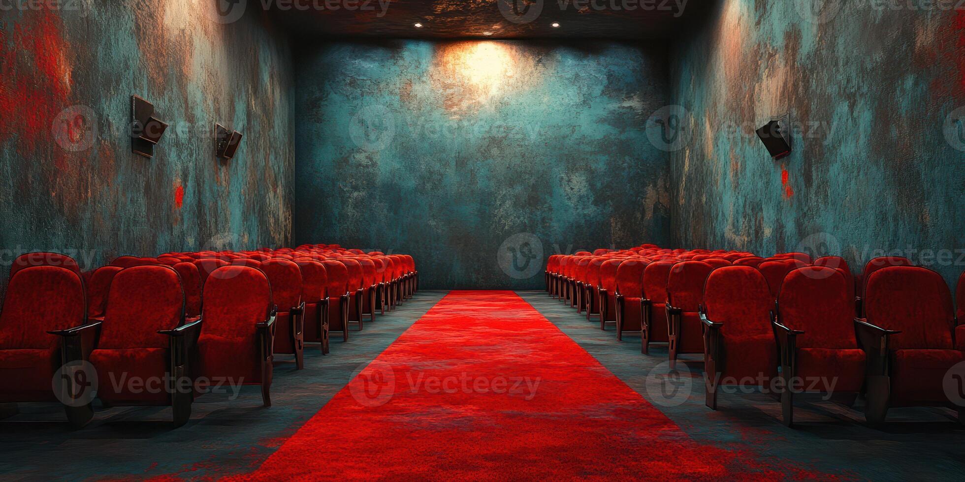 Elegant red velvet chairs line a modern cinema hall with vivid blue walls and a red carpet, inviting guests to enjoy a cinematic experience photo