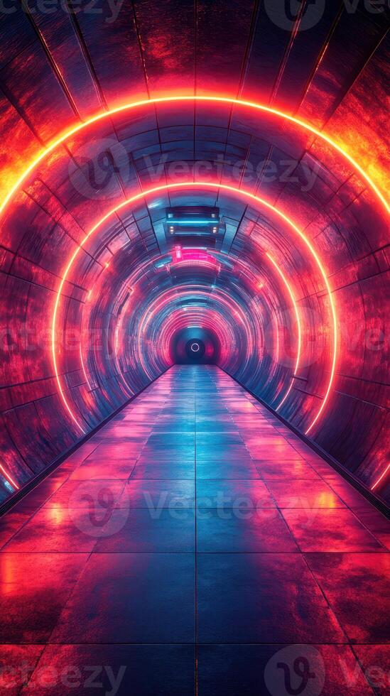 Vibrant neon tunnel showcasing circular lights in a futuristic urban environment at night photo