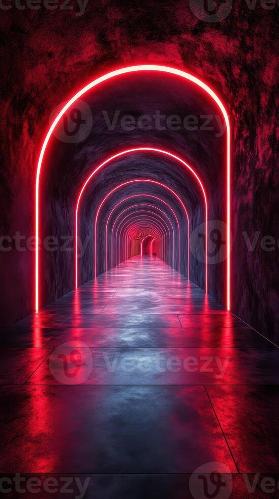 Illuminated tunnel with glowing archways in vibrant red light, creating a surreal atmosphere at twilight photo