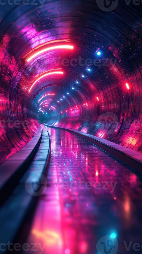 Vibrant neon lights illuminate a futuristic tunnel with reflective surfaces and a sense of depth photo