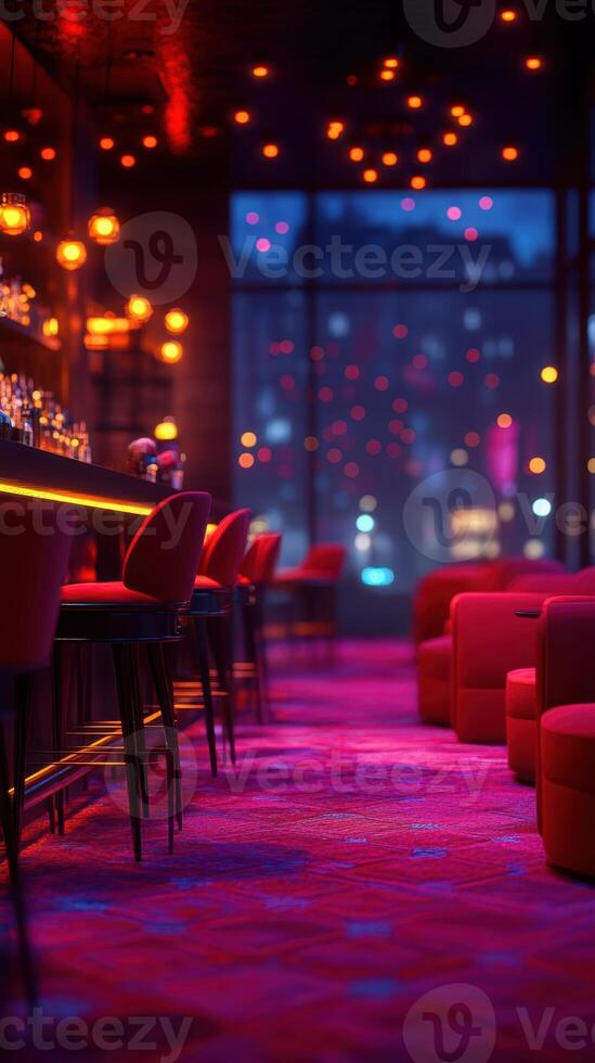 Vibrant lounge with illuminated bar and cozy seating arrangement in an urban setting during twilight hours photo