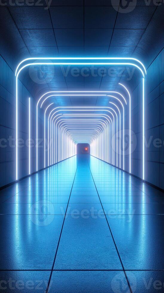 Futuristic illuminated tunnel with neon lights in a modern architectural setting at night photo