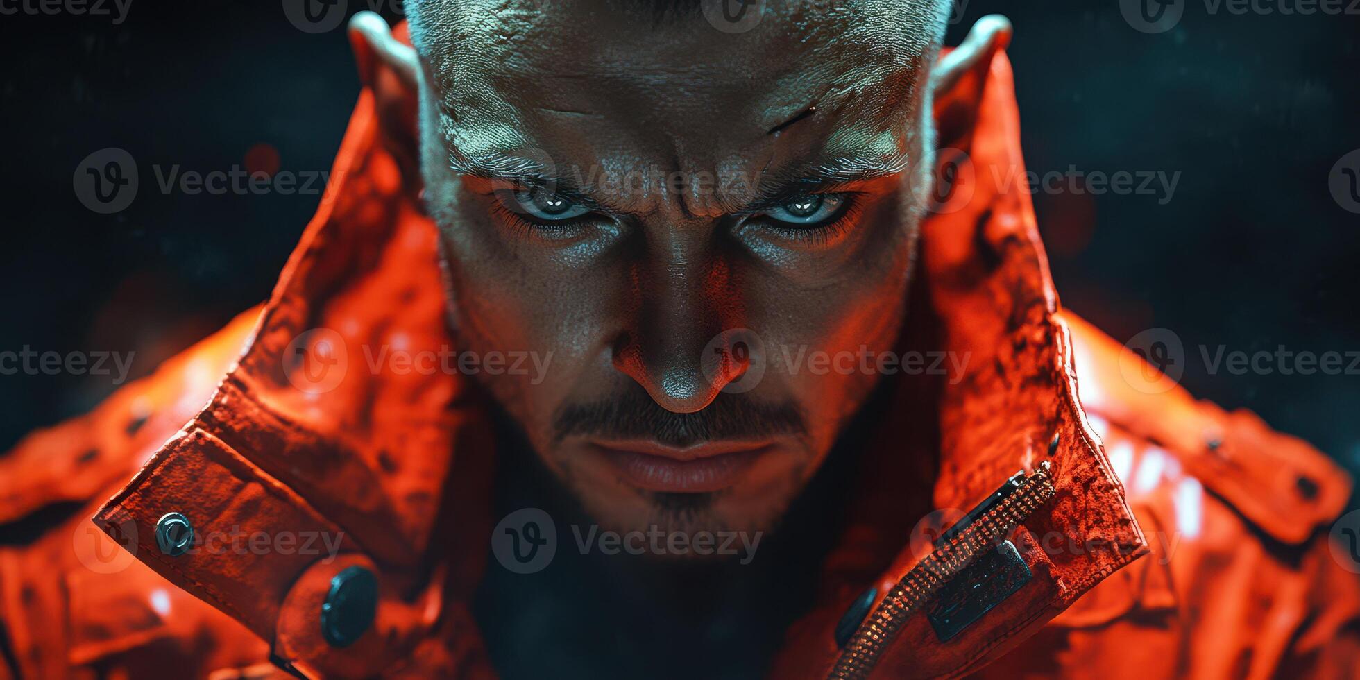 Intense gaze of a man wearing a bright jacket against a dark, smoky backdrop in a dramatic lighting setting photo