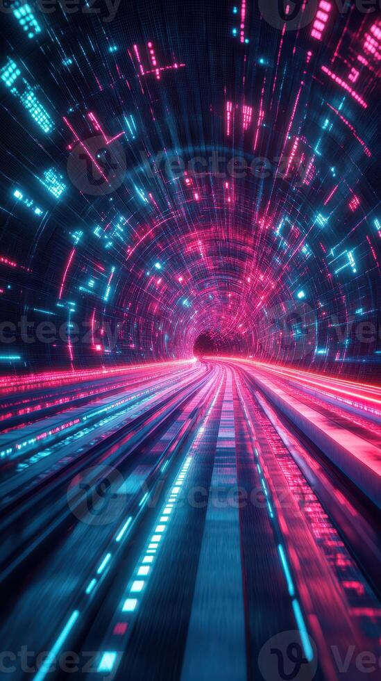 Digital tunnel with vibrant blue and pink lights creating a futuristic atmosphere in a high-speed journey photo