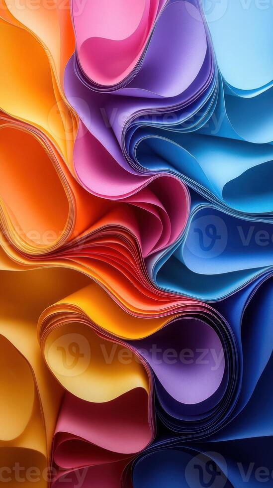 Colorful waves of paper create an abstract pattern in a vibrant display of hues and textures photo