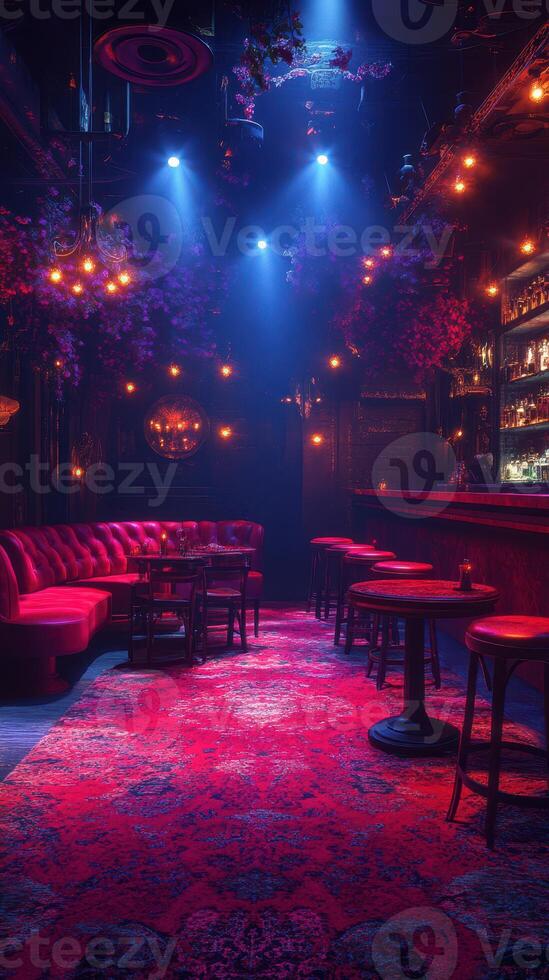 Cozy lounge featuring vibrant decor and ambient lighting, perfect for an evening out with friends photo