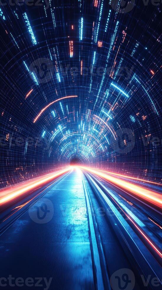 Dynamic visualization of lights racing through a futuristic tunnel at high speed, showcasing technology and motion photo