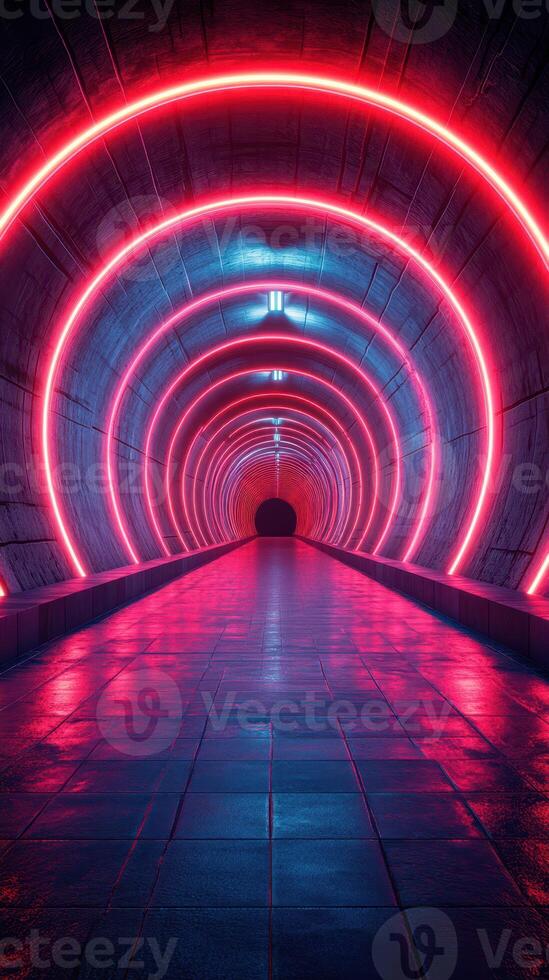 Colorful neon tunnel illuminated in pink and blue lights creates an immersive experience in an urban environment at night photo
