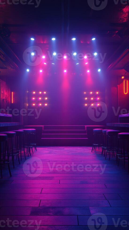 Colorful stage lights illuminate an empty performance space in a nightclub setting during evening hours photo