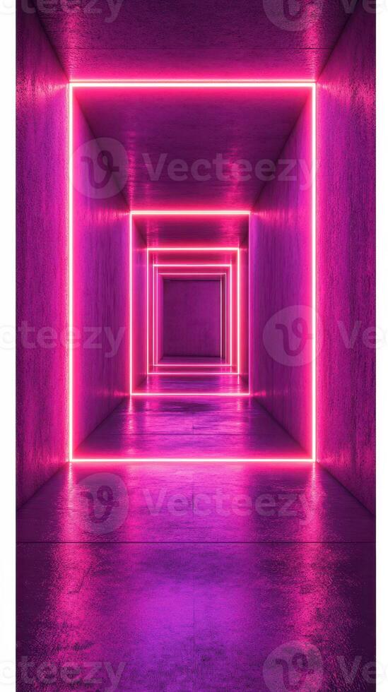 Light-filled corridor featuring vibrant pink neon lights creating geometric patterns in a modern structure photo