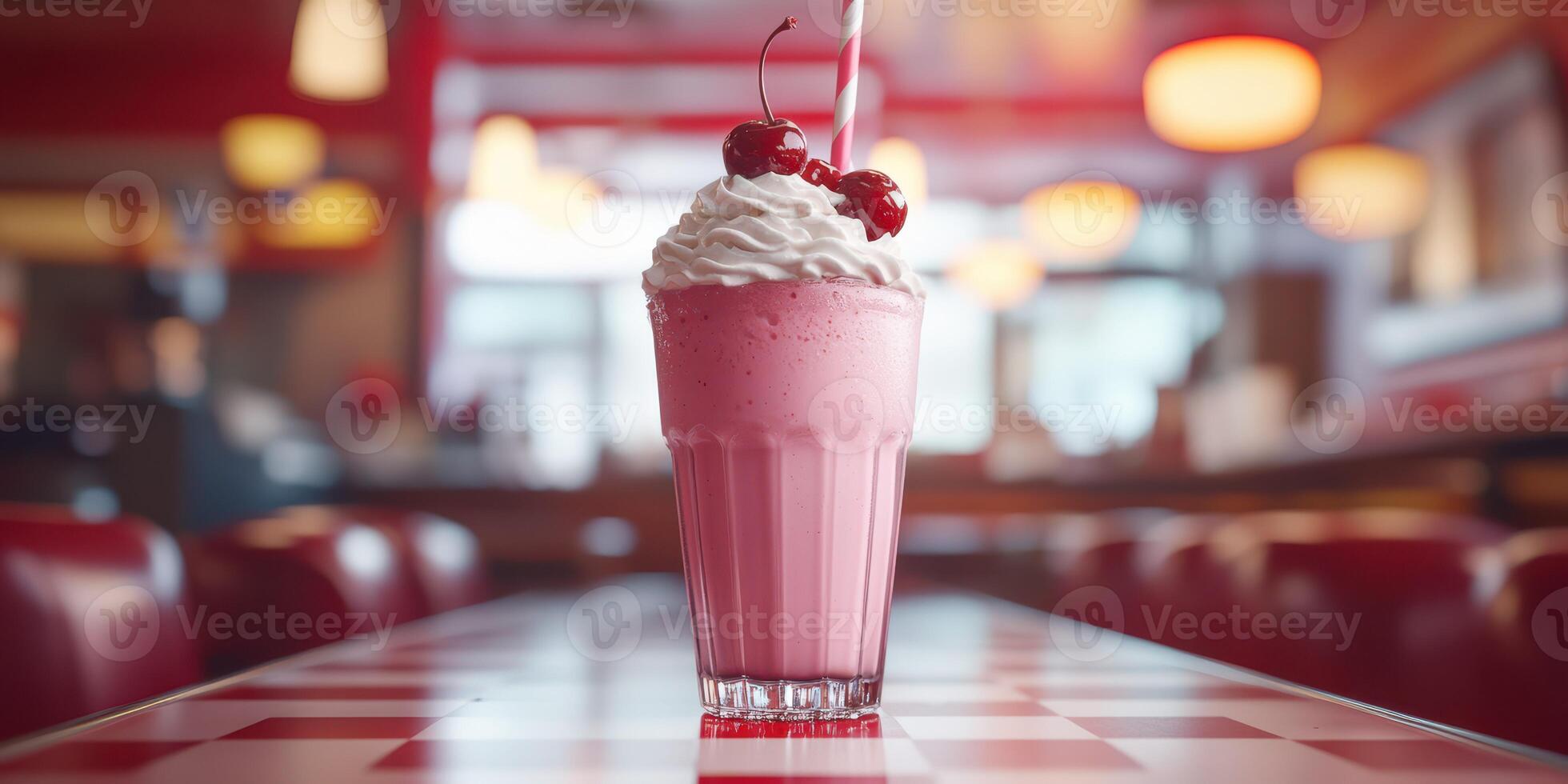 Milkshake with whipped cream and cherries served in a diner during the afternoon photo
