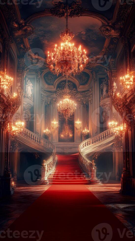 Luxurious grand staircase adorned with chandeliers and red carpet in an elegant palace hall photo