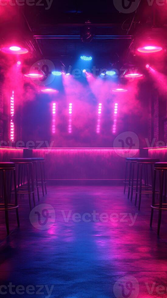 Vibrant nightclub interior with colorful lights and atmospheric fog during an evening dance event photo