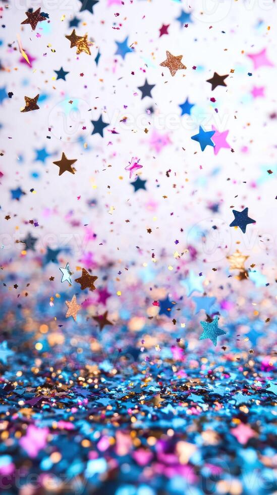 Colorful star-shaped confetti falls gracefully on a sparkling surface for a festive decoration photo