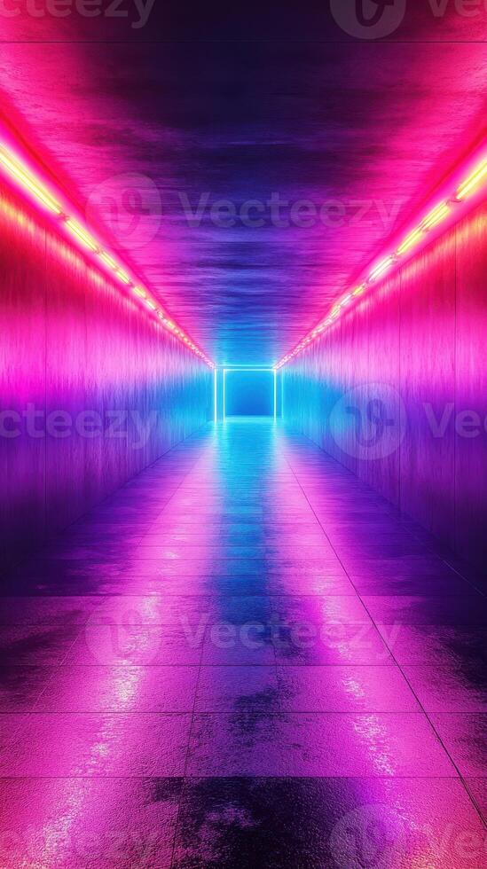Vibrant neon tunnel illuminated with pink and blue lights creating a stunning visual effect in an urban setting photo
