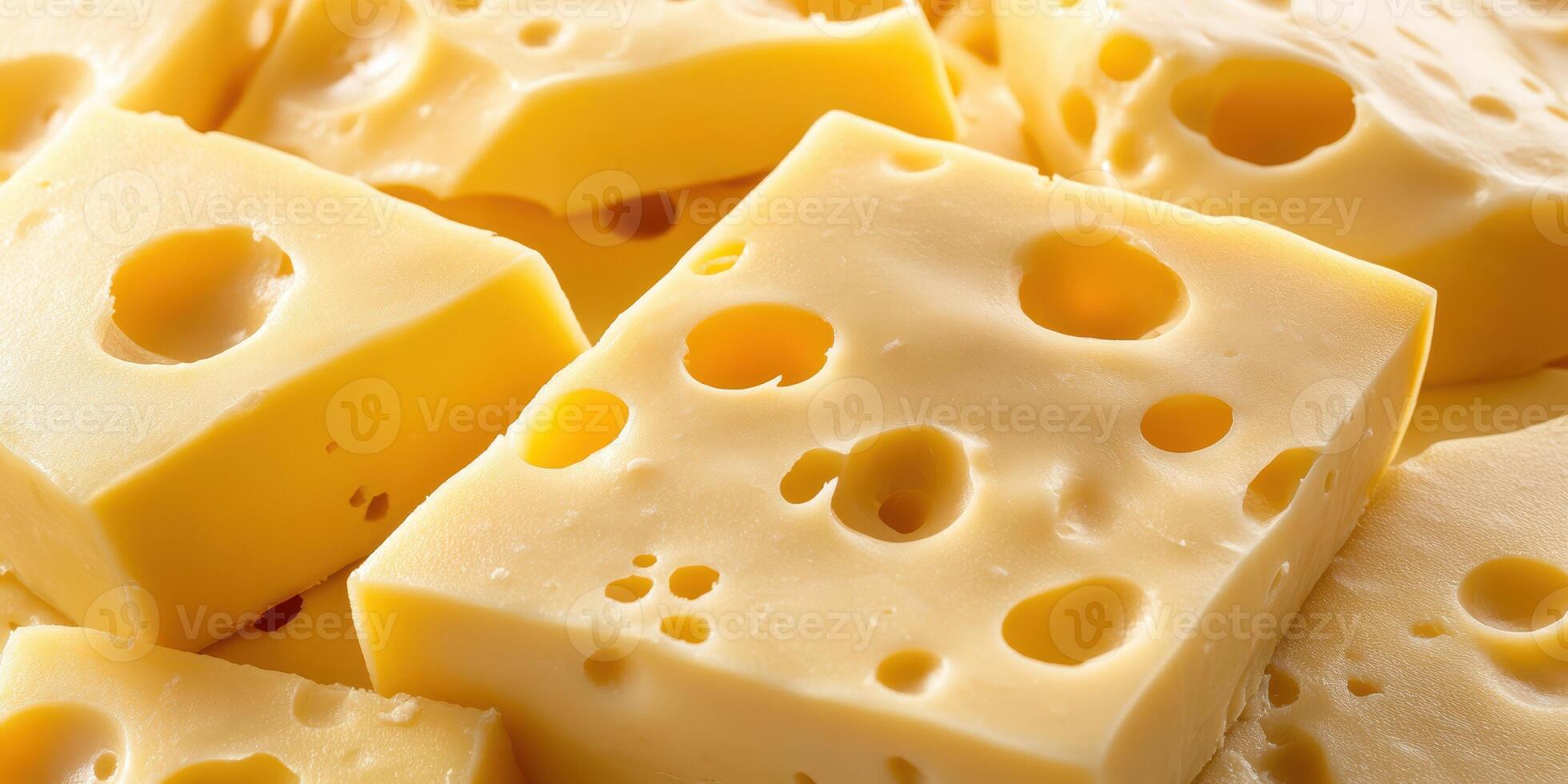 Delicious yellow cheese blocks stacked in a close-up view showcasing their holes and texture under bright lighting photo