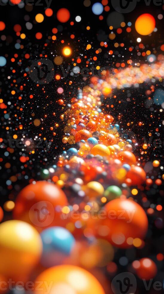 Colorful cosmic orbs create a mesmerizing trail through a dark space background during a digital art exploration of the universe photo