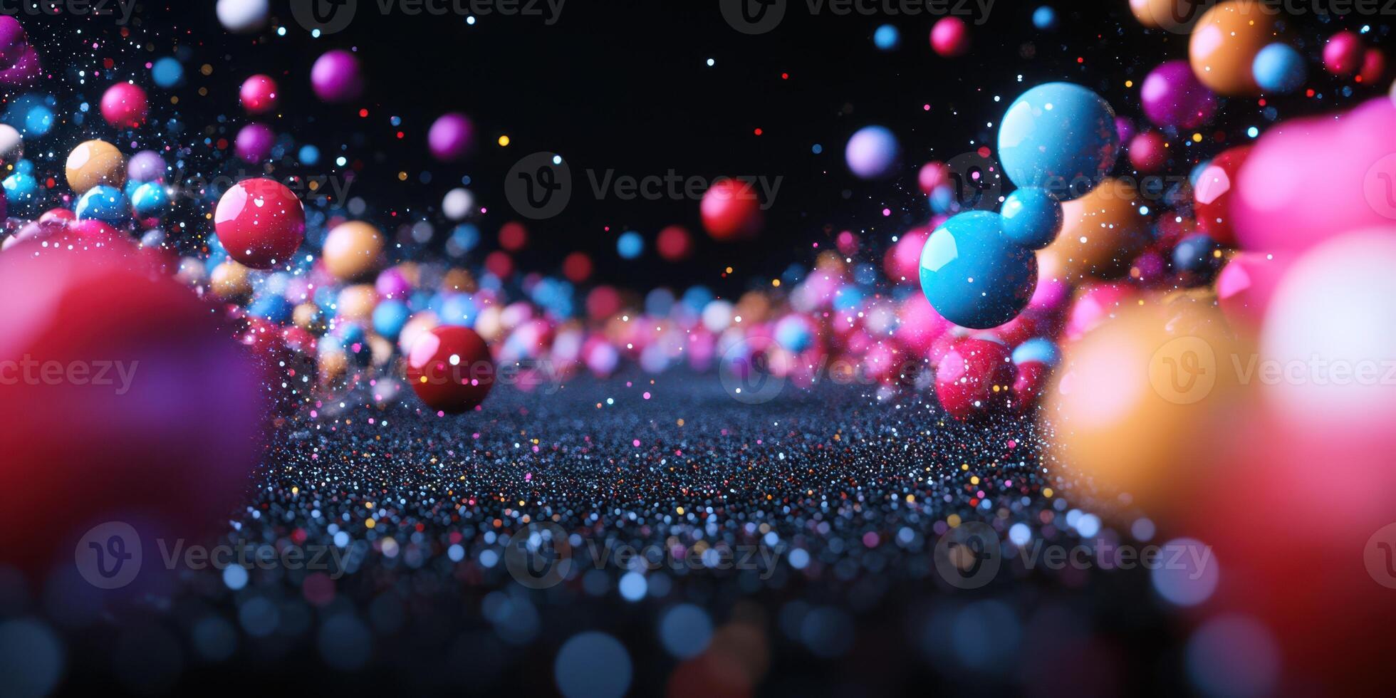 Colorful spheres create a vibrant pathway in a digital art composition with a dark background photo