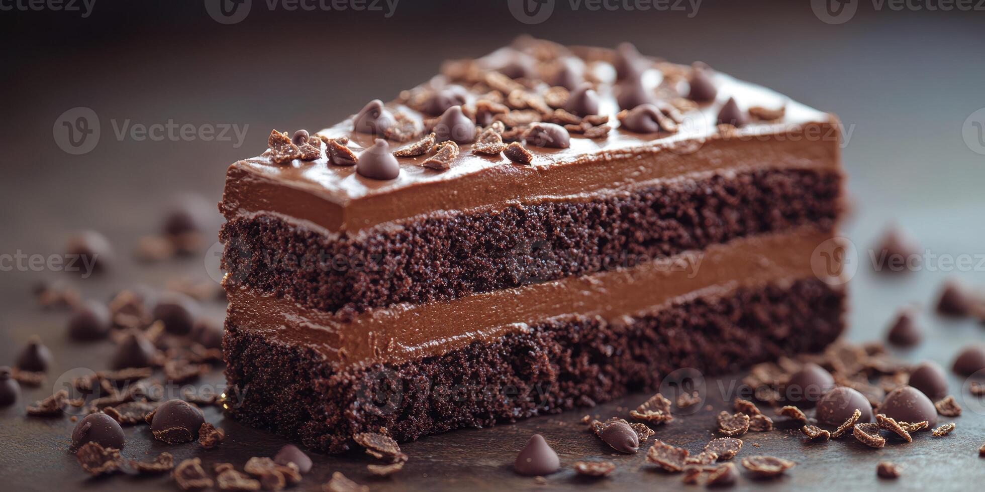 Delightful slice of rich chocolate cake garnished with chocolate chips and shavings on a dark wooden surface photo