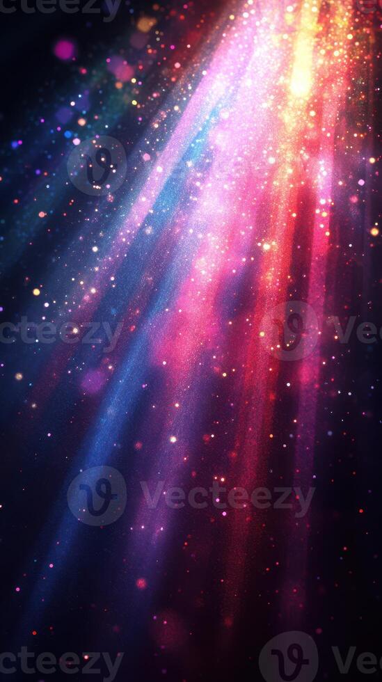 Colorful light beams create a vibrant cosmic atmosphere with sparkling particles and radiant colors photo
