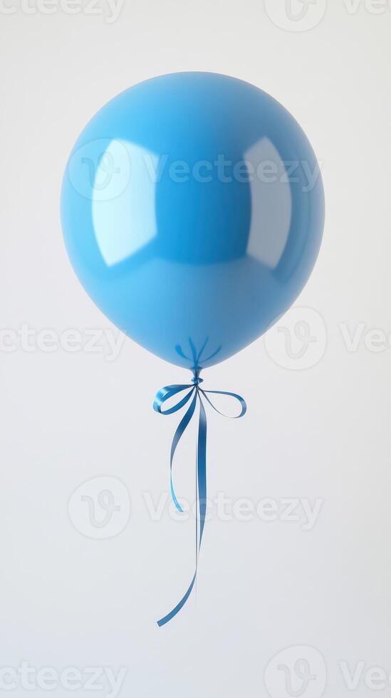 Bright blue balloon tied with ribbon floats against a neutral background, perfect for celebrations and decorations photo