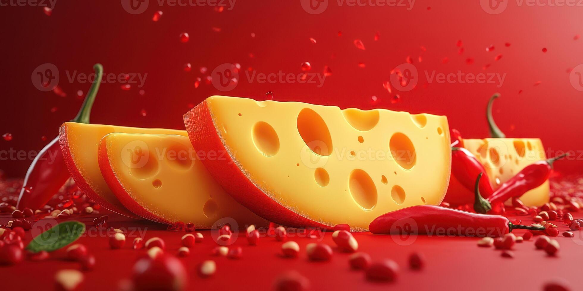 Cheese and chili peppers placed on a vibrant red background create a bold culinary display on a tabletop photo