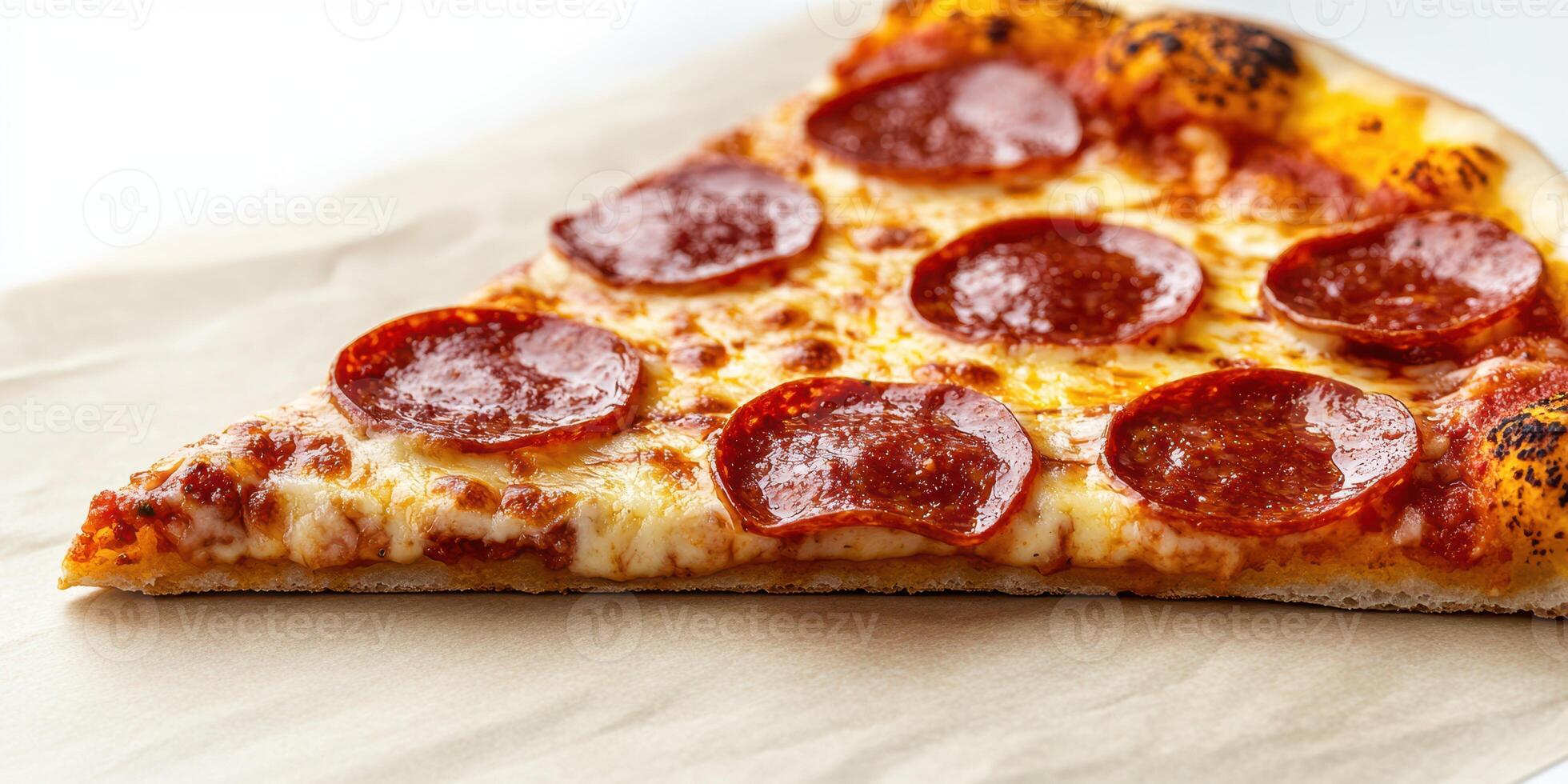 Delicious pepperoni pizza slice on parchment paper showcasing melted cheese and crispy crust photo