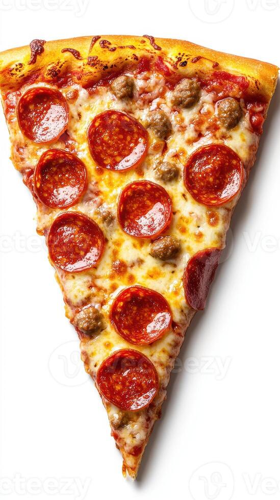 Delicious pepperoni and sausage pizza slice served on a white background with melted cheese stretching photo
