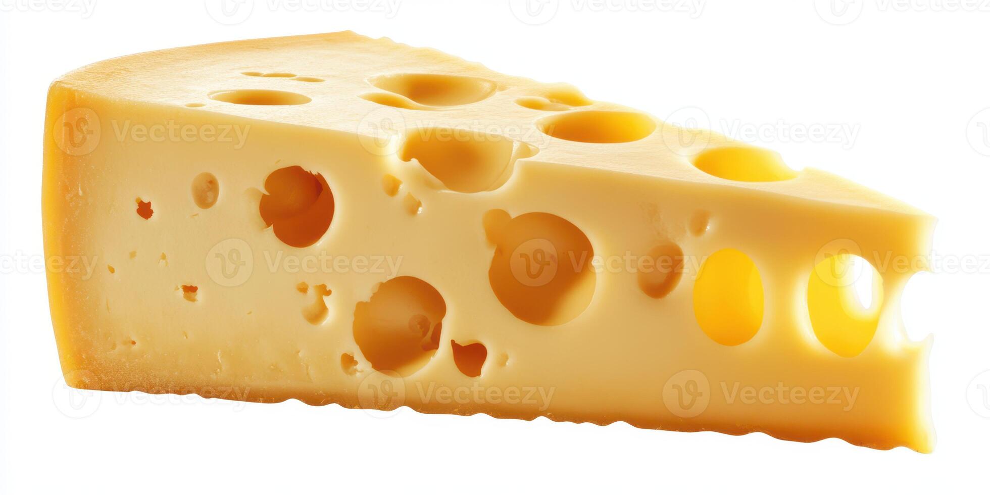 Delicious cheese wedge with holes displayed on a plain background, showcasing its rich texture and color photo