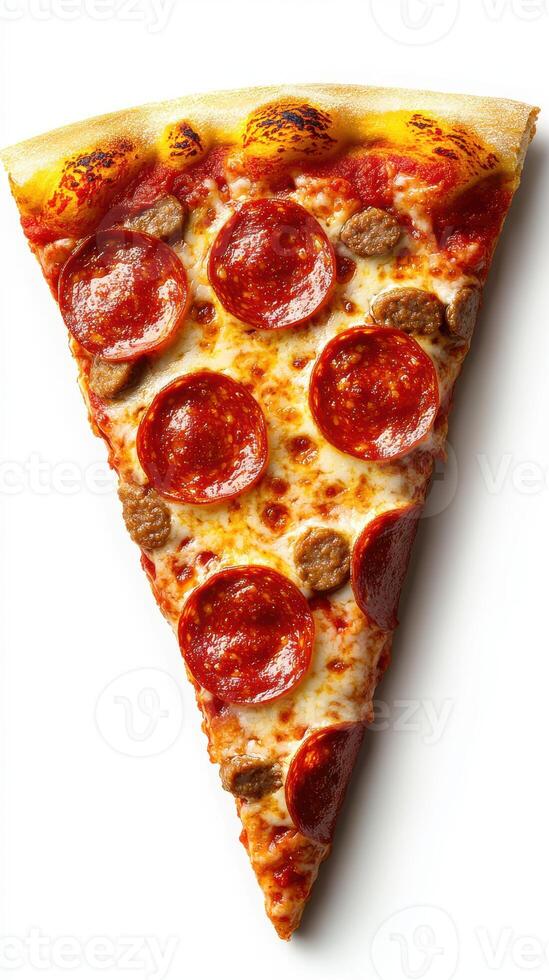Delicious pepperoni and sausage pizza slice on a bright white background with melted cheese and crispy crust photo
