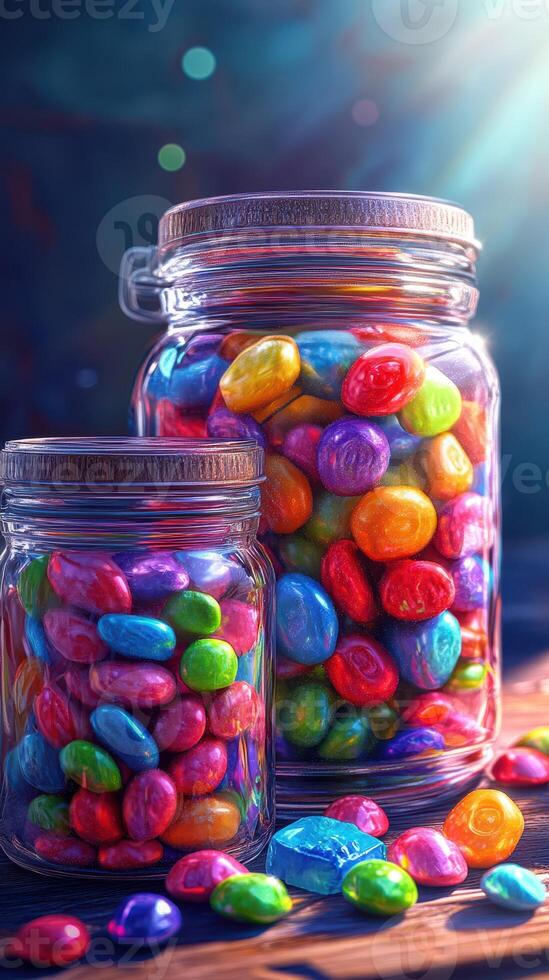 Colorful candy jars filled with vibrant sweets on a wooden surface in soft sunlight photo