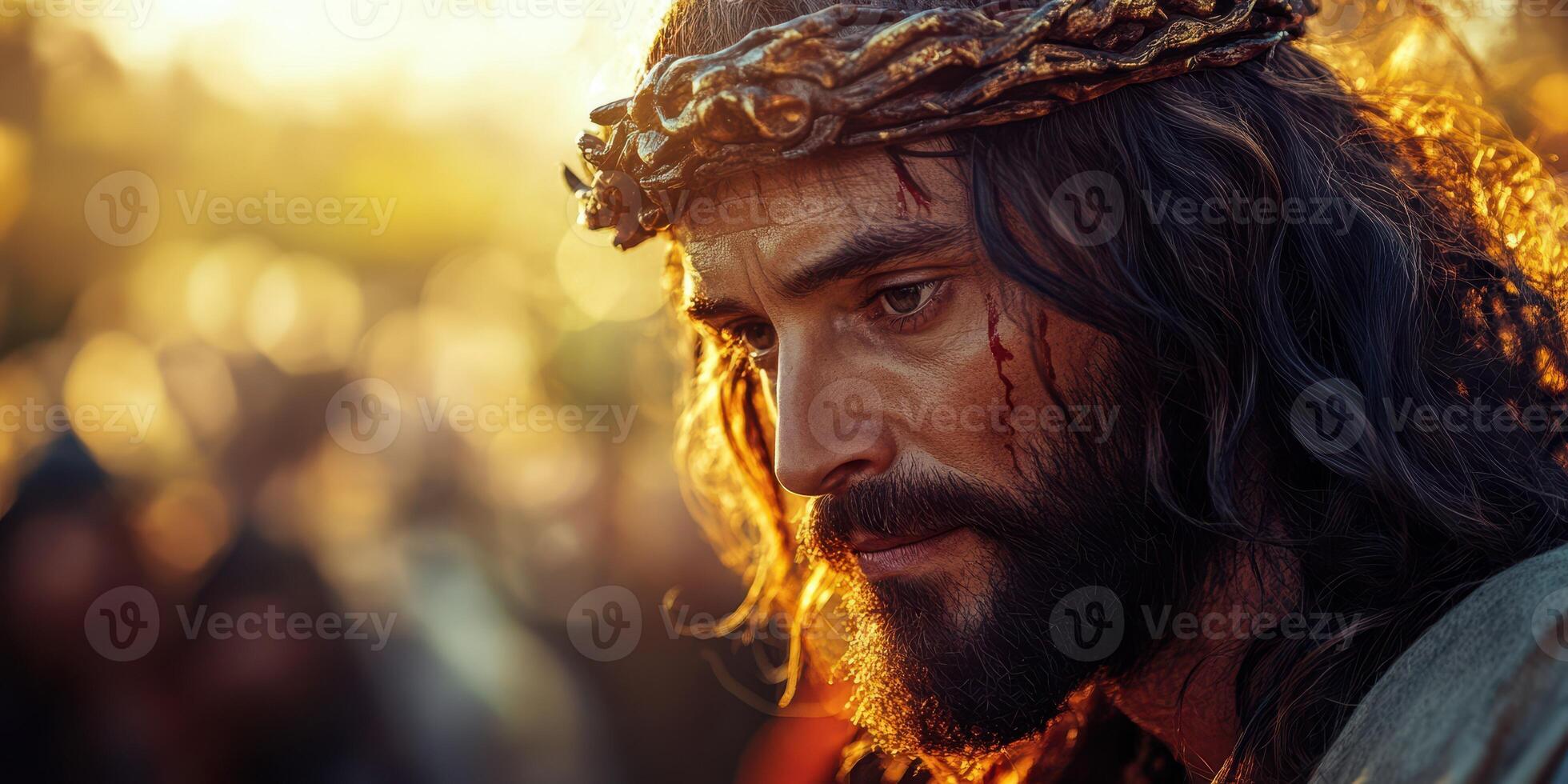 Man with a crown of thorns reflects under golden light in a solemn gathering at dawn photo
