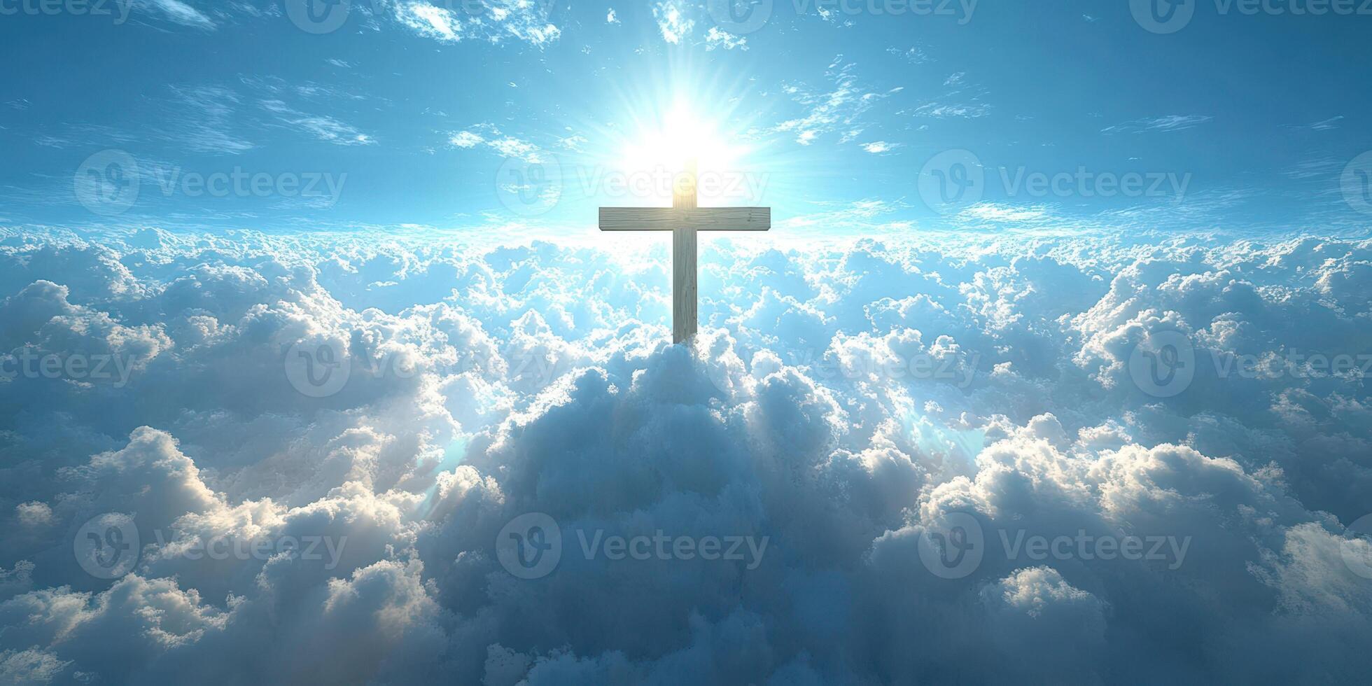 Cross illuminated by sunlight above fluffy clouds in a clear blue sky during midday photo
