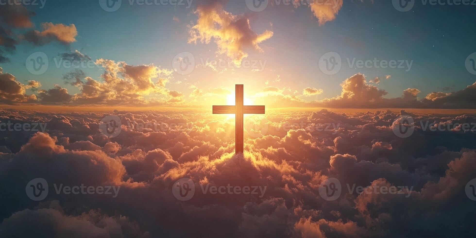 Cross silhouettes against a vibrant sunrise over clouds creating a serene moment of spiritual reflection photo