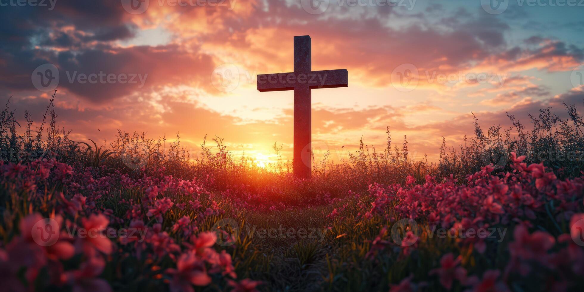 Sunset view of a wooden cross surrounded by vibrant flowers in a tranquil field photo