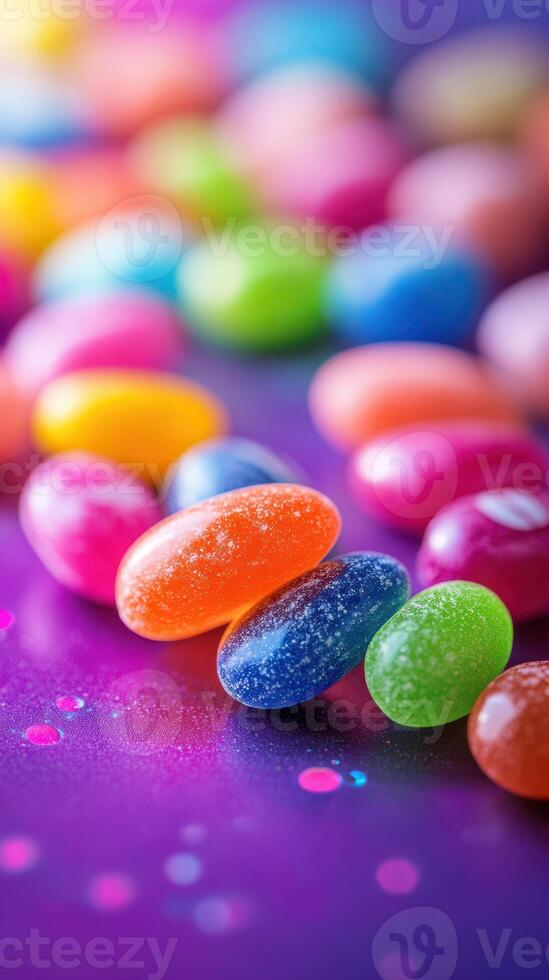 Colorful jelly beans scattered on a vibrant purple background create a joyful candy display photo