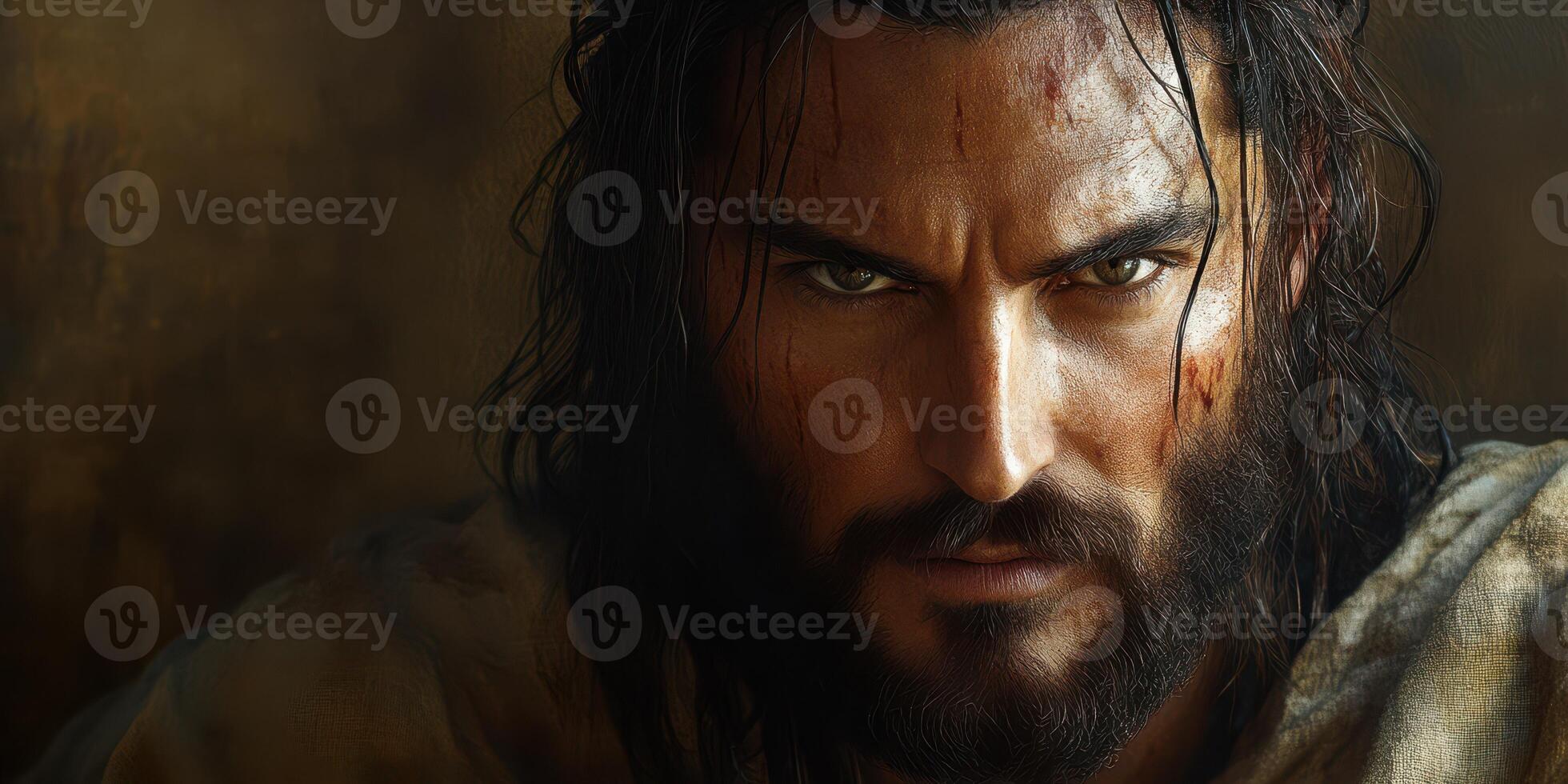 Intense expression of a man with long hair and a beard in a dramatic setting during a historical reenactment scene photo