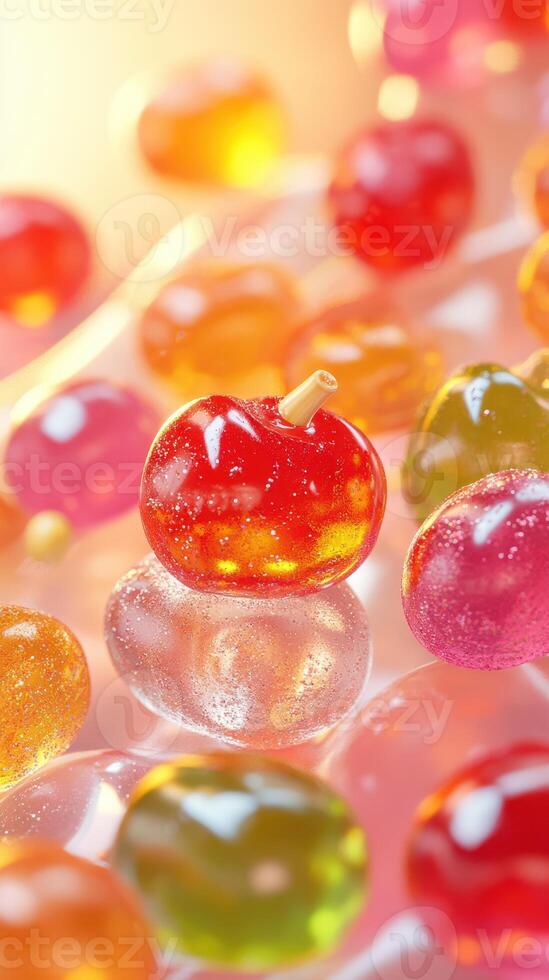 Colorful gummy candies arranged on a reflective surface, creating a vibrant display of sweets and textures photo