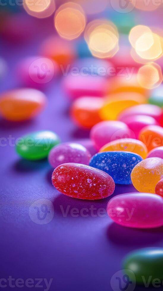 Colorful jelly beans scattered on a purple surface with soft bokeh lights in a festive atmosphere photo