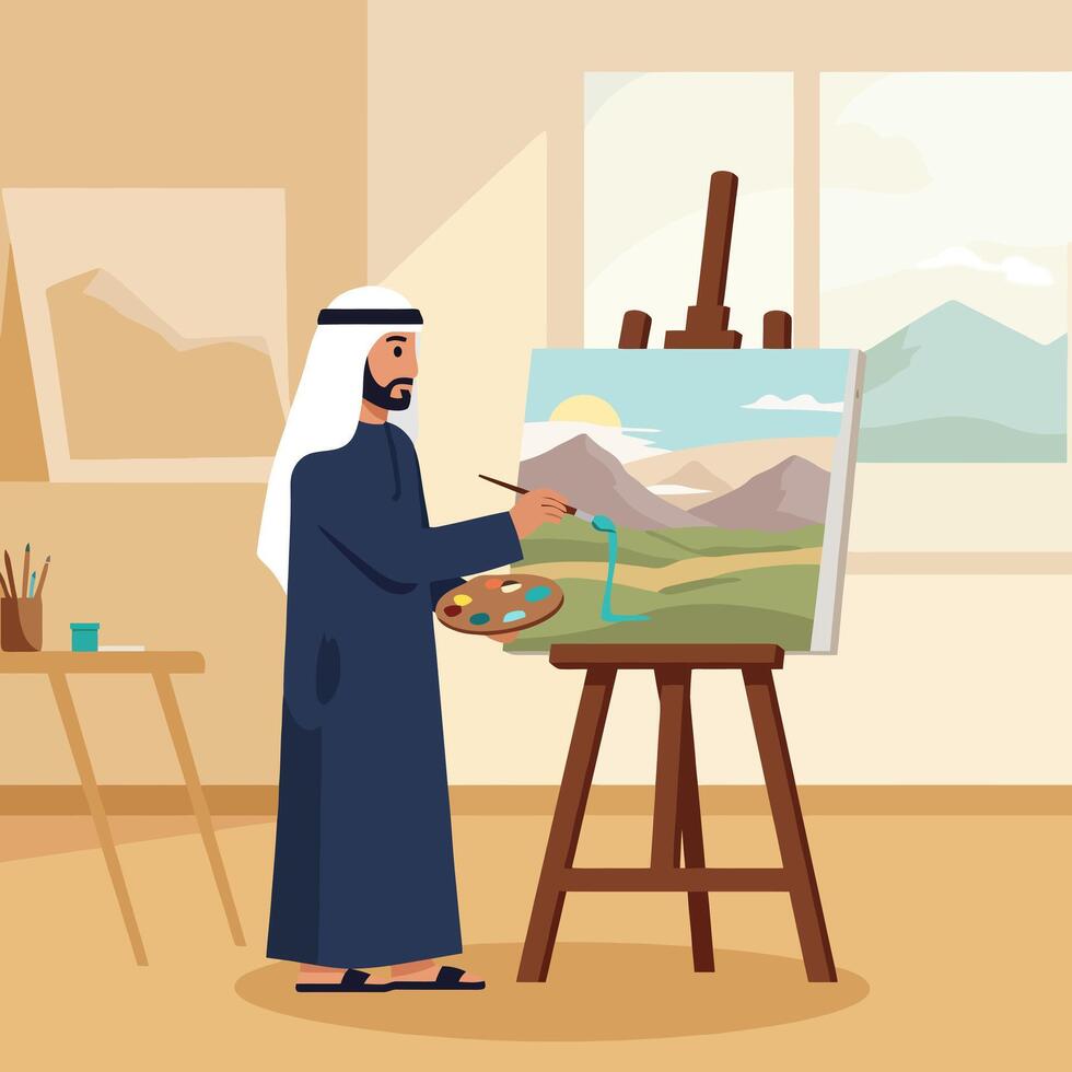 Man Painting Landscape on Canvas with Palette and Brush Indoors vector
