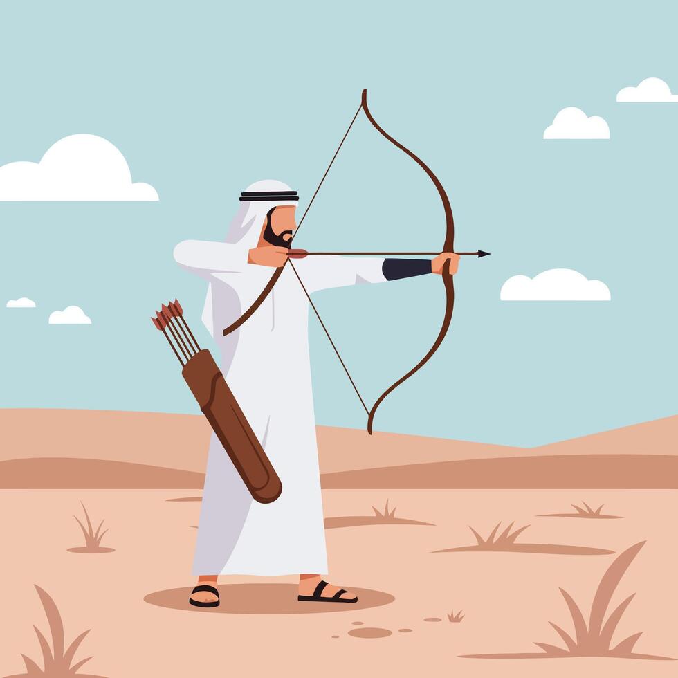 Man Archer Aiming Bow in Desert Landscape, Traditional Middle Eastern Attire vector