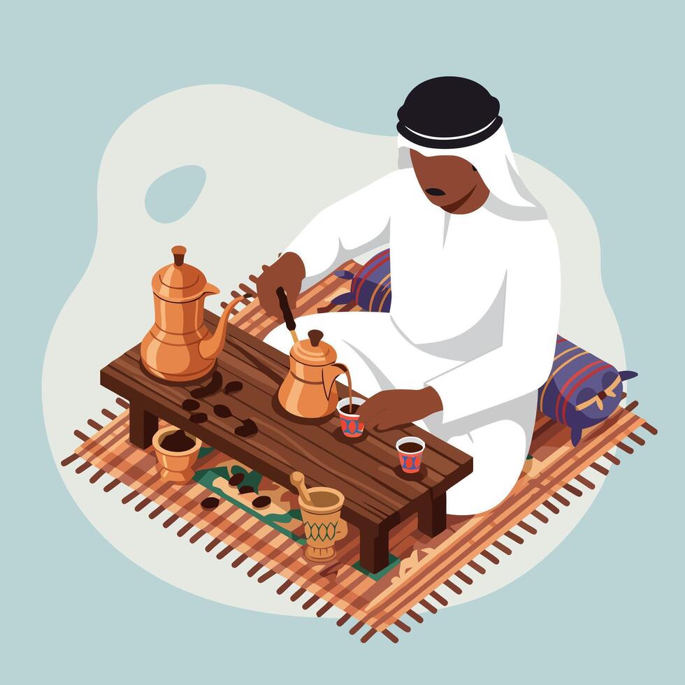 Preparing Arabian Coffee on Rug Arab Man Traditional Setting vector