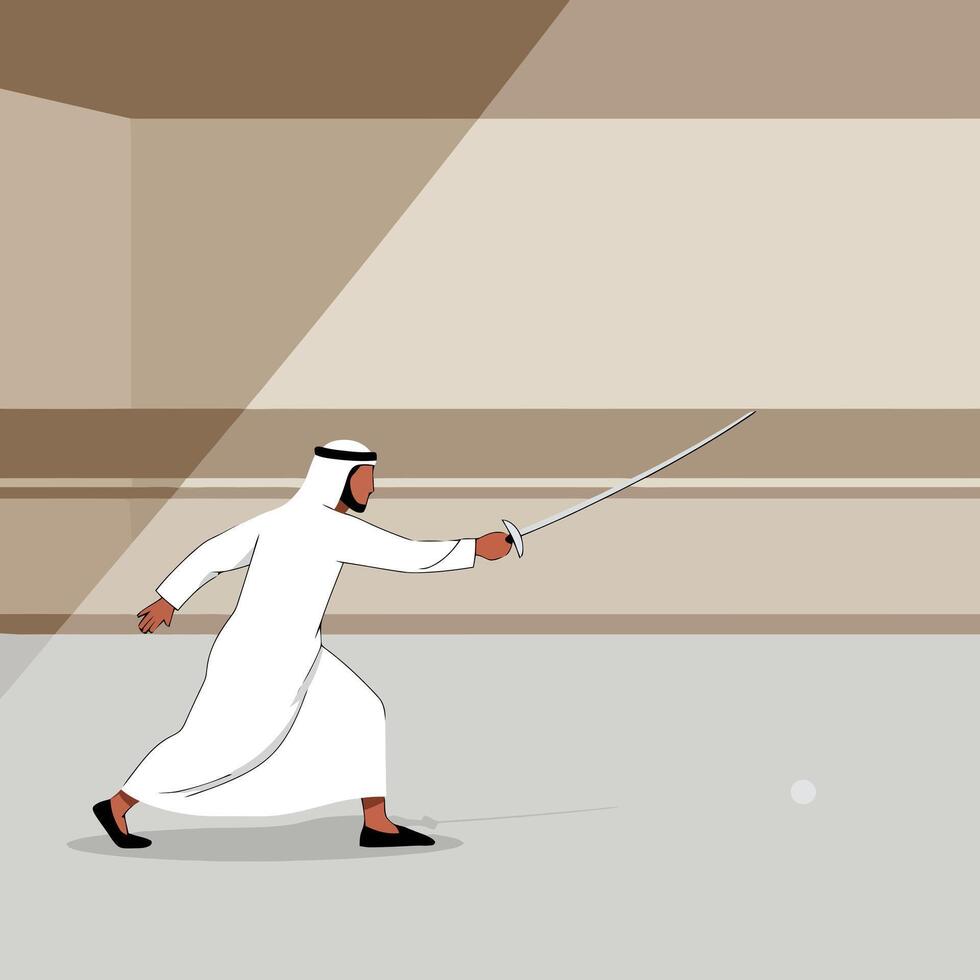 Man Fencing with Sword in Traditional Middle Eastern Clothing Indoors vector