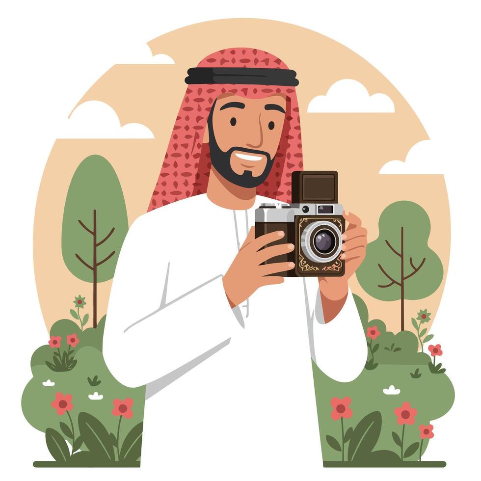 Man Photographing with Vintage Camera Outdoors in a Garden Setting vector