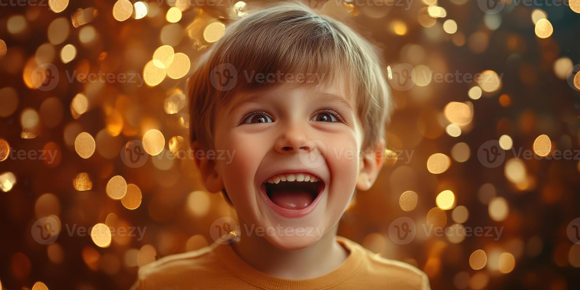 Bright smile of a young child amidst a backdrop of golden bokeh lights during a joyful moment photo