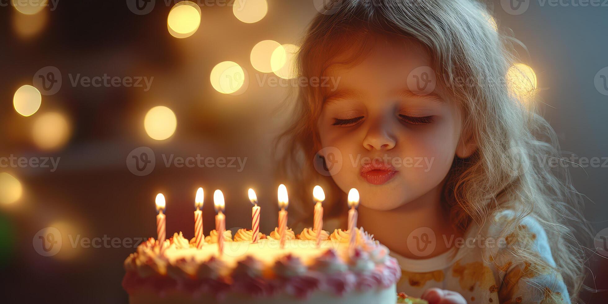 Young girl blowing out candles on a birthday cake surrounded by warm lights in a cozy setting photo