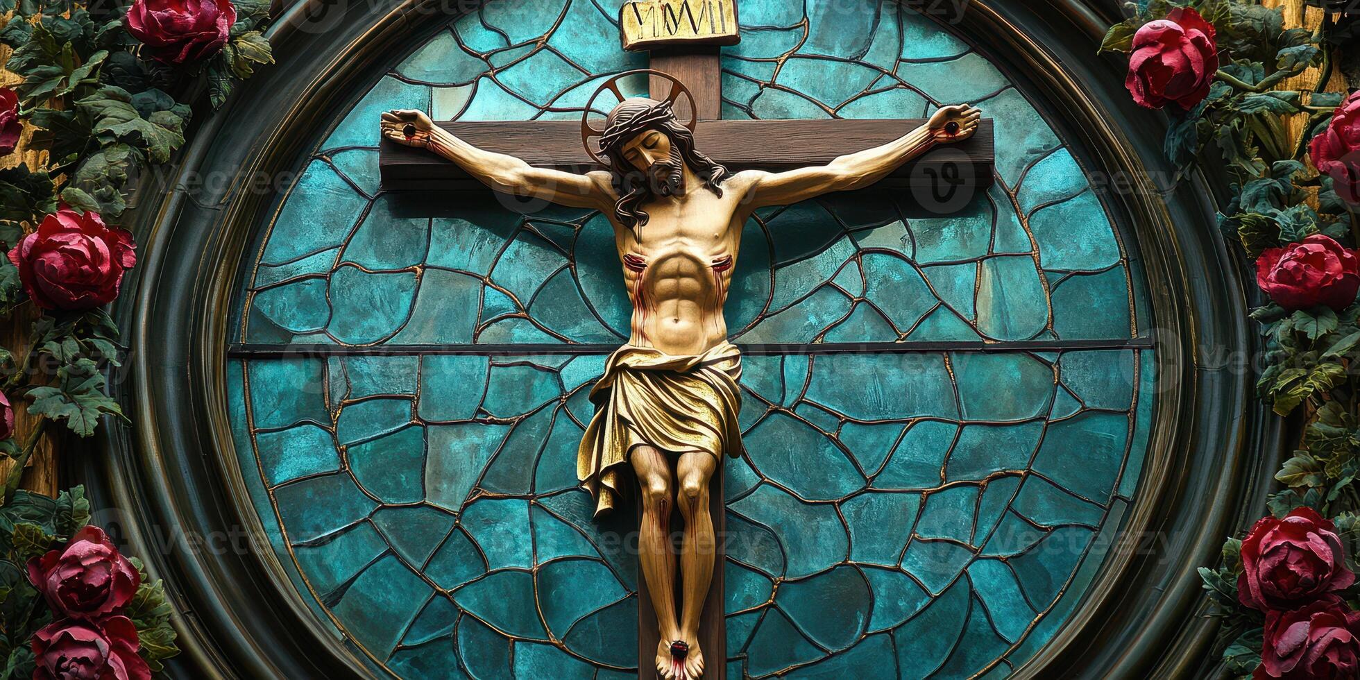 Religious sculpture depicting the crucifixion of Christ adorned with roses and stained glass details photo