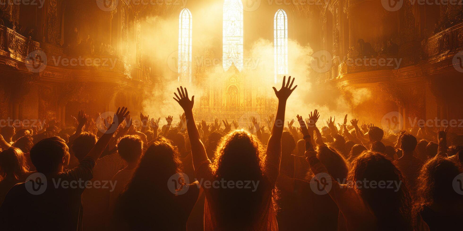 Crowd worshiping in a grand cathedral during a spiritual gathering filled with light and emotion photo