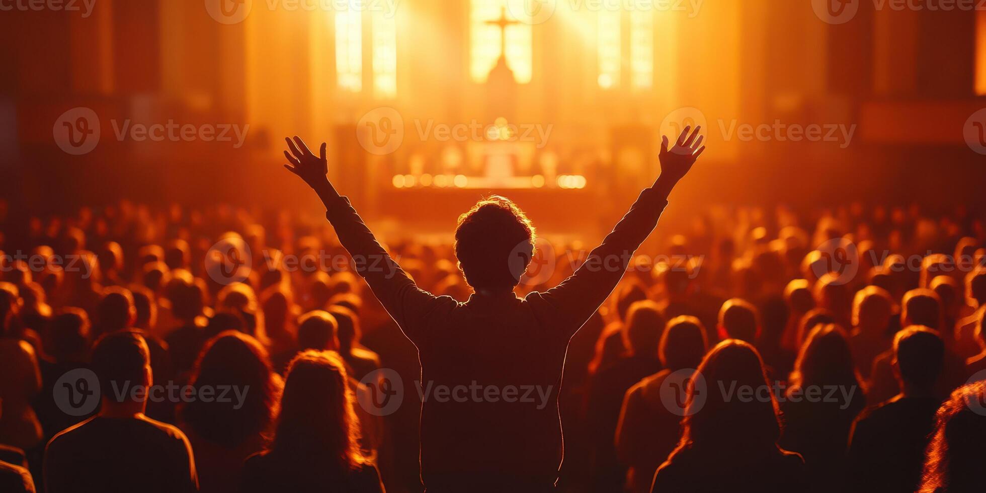 Worshippers gather in a church during a vibrant service filled with light and emotion photo